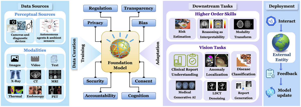 Data sources, model training, ethical considerations, downstream medical tasks and deployment in a foundation-model workflow.